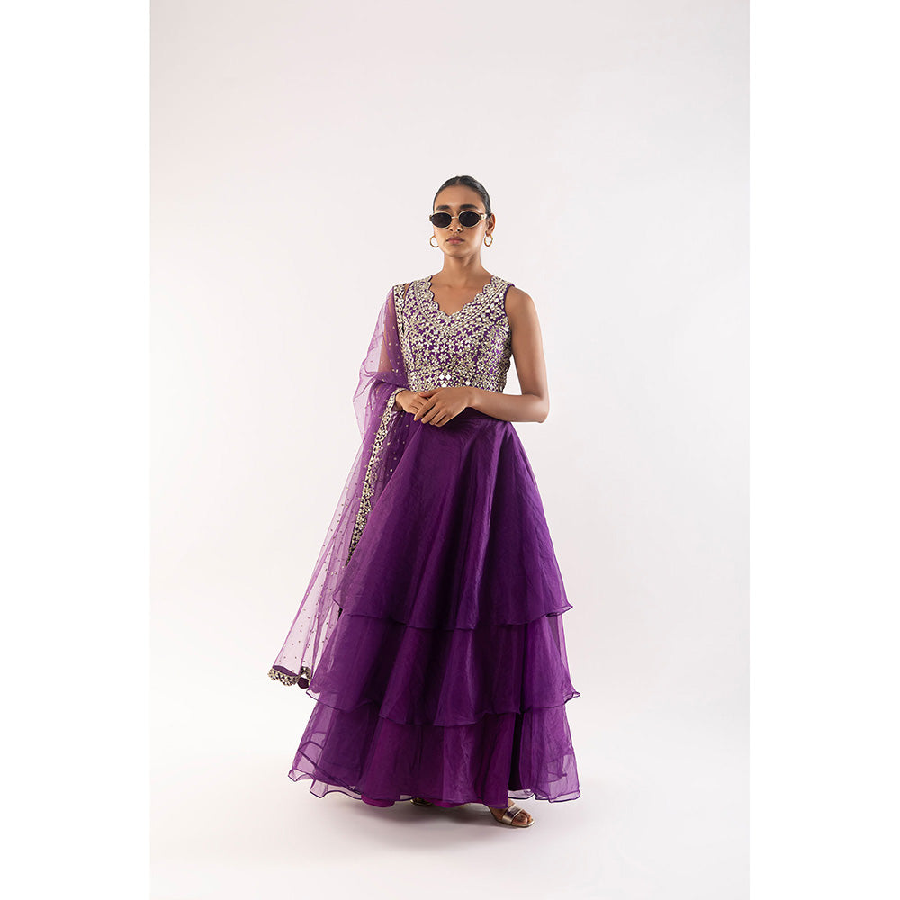 Kriti Bapna Purple Mirror Blouse with Layered Skirt and Dupatta (Set of 3)