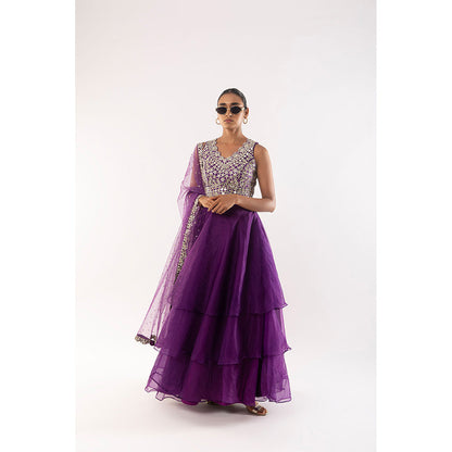 Kriti Bapna Purple Mirror Blouse with Layered Skirt and Dupatta (Set of 3)