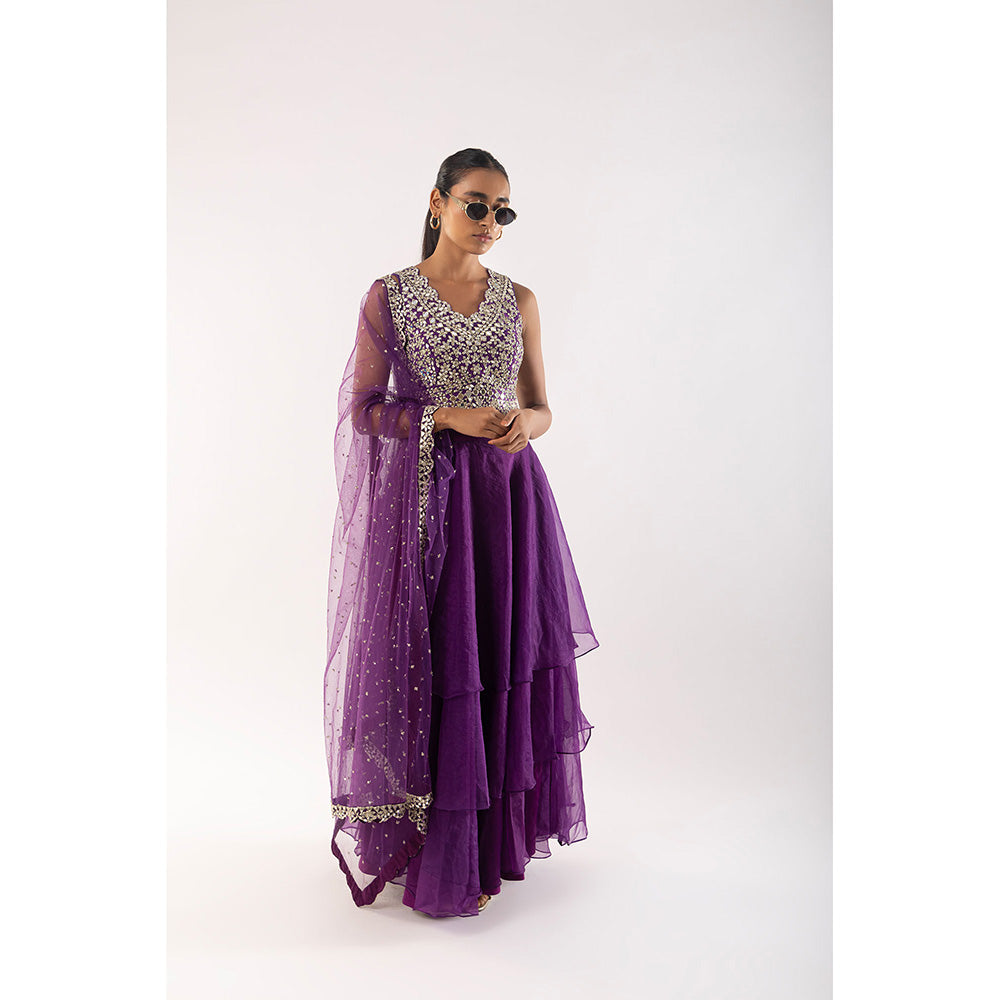 Kriti Bapna Purple Mirror Blouse with Layered Skirt and Dupatta (Set of 3)