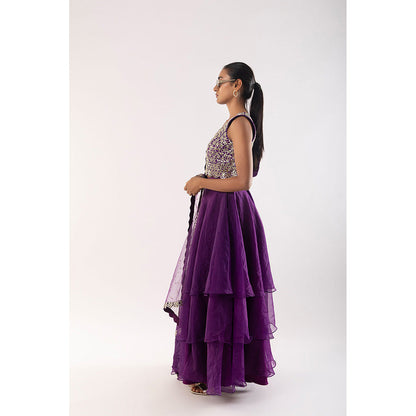 Kriti Bapna Purple Mirror Blouse with Layered Skirt and Dupatta (Set of 3)