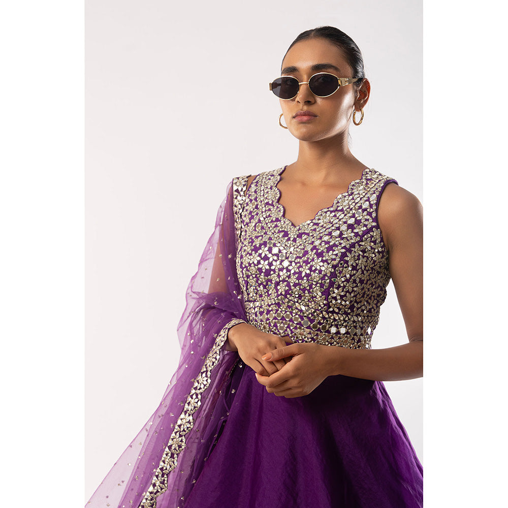 Kriti Bapna Purple Mirror Blouse with Layered Skirt and Dupatta (Set of 3)
