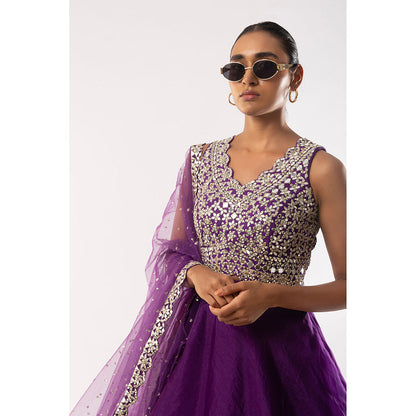 Kriti Bapna Purple Mirror Blouse with Layered Skirt and Dupatta (Set of 3)