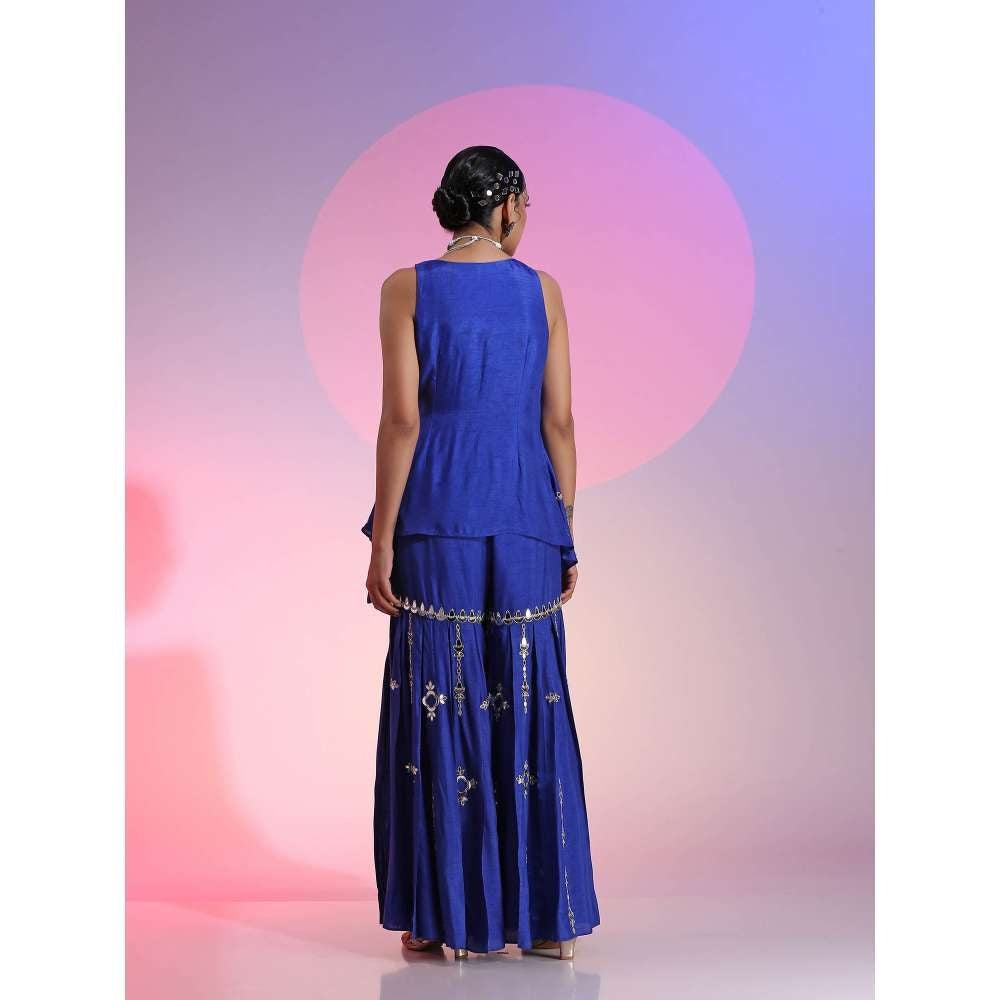 Kudi Pataka Designs Luna Blue Embroidered Sharara With Kurti (Set of 2)
