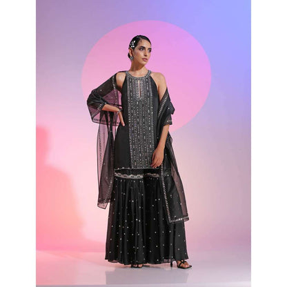 Kudi Pataka Designs Aziza Black Kurti With Sharara & Dupatta (Set of 3)