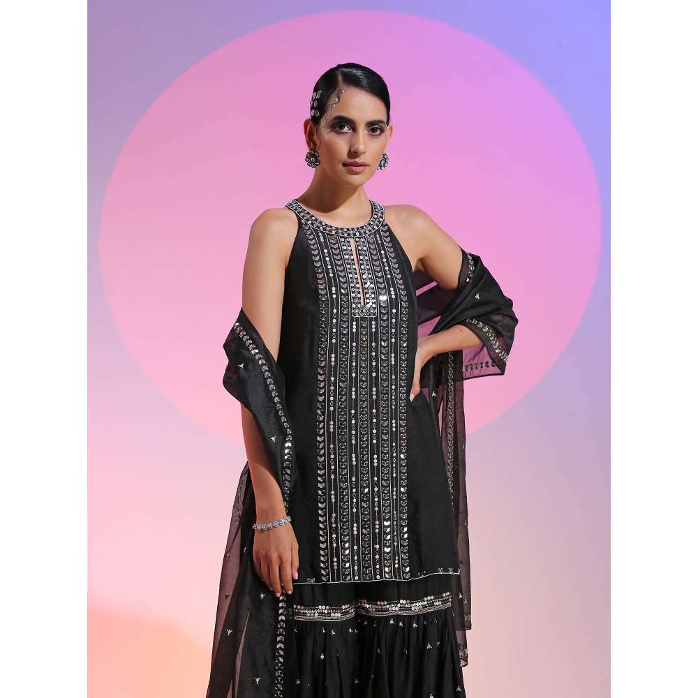 Kudi Pataka Designs Aziza Black Kurti With Sharara & Dupatta (Set of 3)