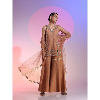 Kudi Pataka Designs Huda Brown Kurta With Sharara & Dupatta (Set of 3)