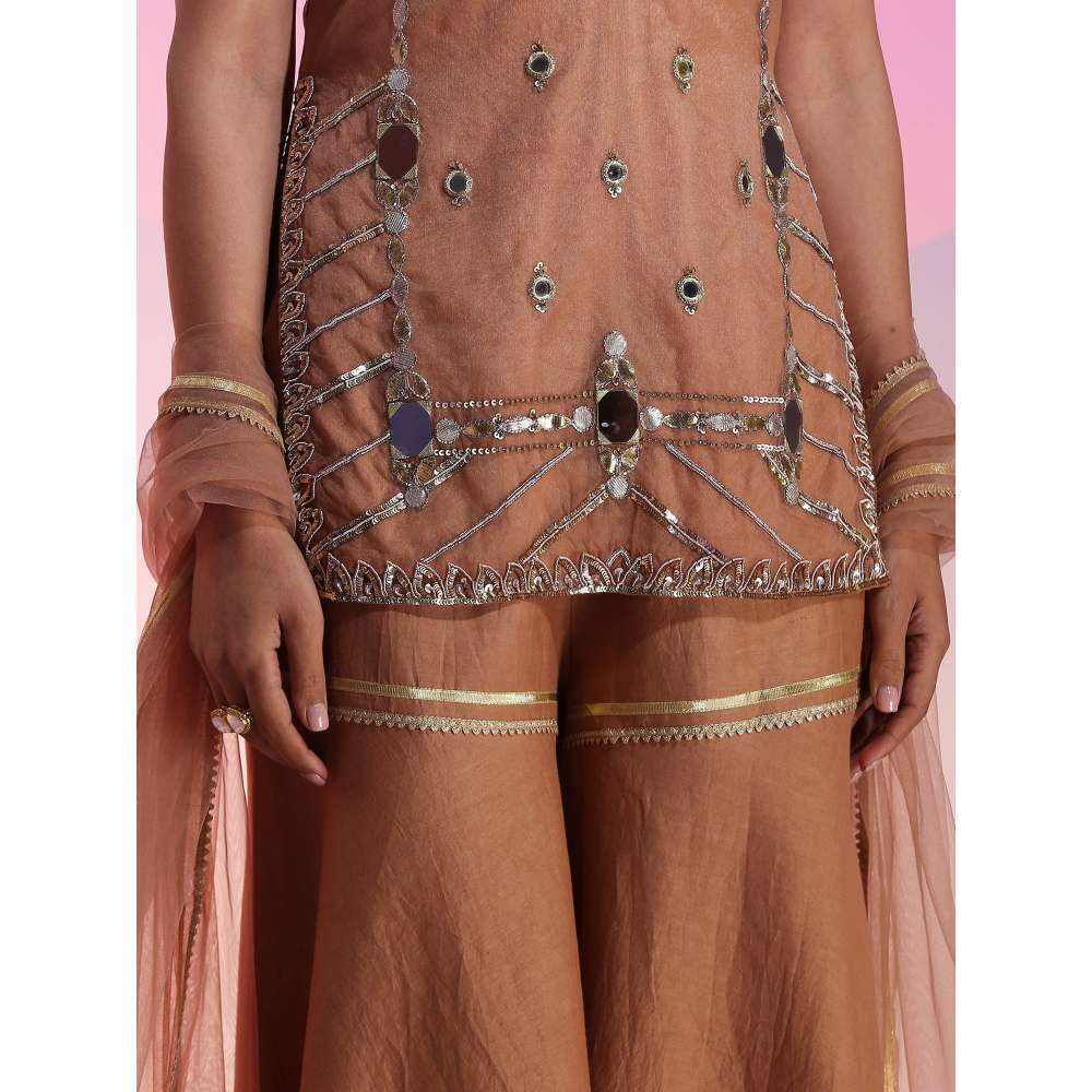 Kudi Pataka Designs Huda Brown Kurta With Sharara & Dupatta (Set of 3)