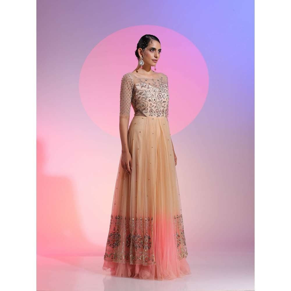 Kudi Pataka Designs Mandira Peach Embellished Sequined Maxi Dress