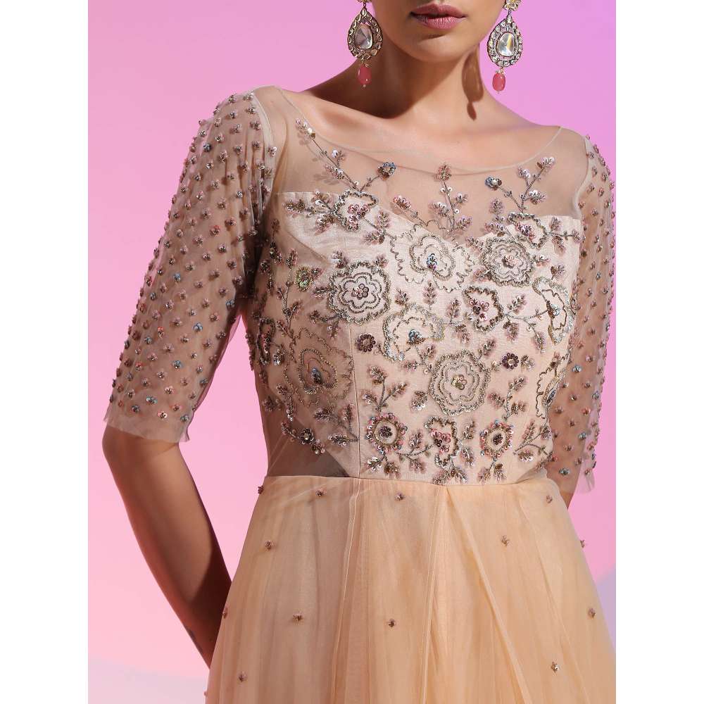 Kudi Pataka Designs Mandira Peach Embellished Sequined Maxi Dress