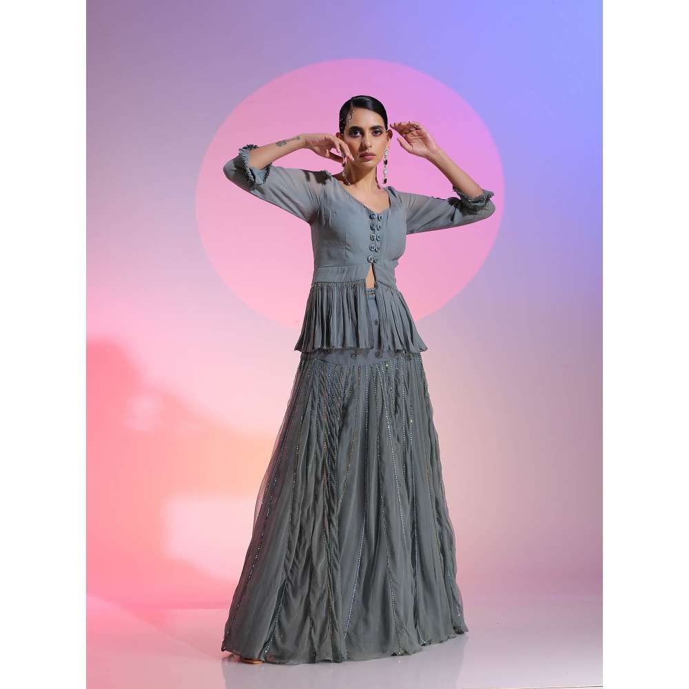Kudi Pataka Designs Faiz gb Blue Sequined Top and Skirt (Set of 2)
