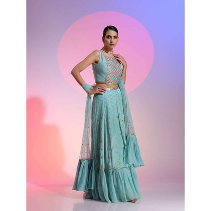 Kudi Pataka Designs Ella-aq Blue Fusion Lehenga With Choli & Dupatta (Set of 3)