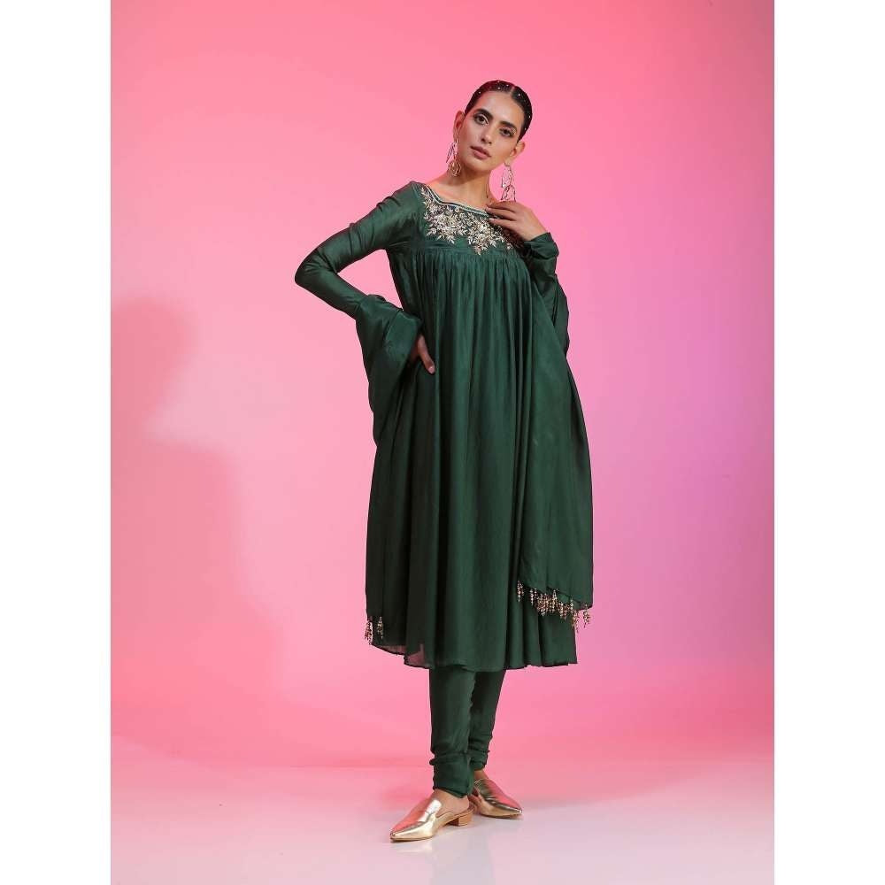 Kudi Pataka Designs Kritee-dg Green Anarkali Kurta Slip With Pant & Dupatta (Set of 4)