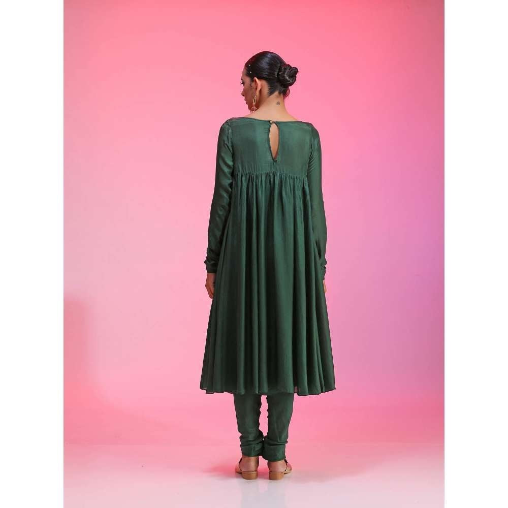 Kudi Pataka Designs Kritee-dg Green Anarkali Kurta Slip With Pant & Dupatta (Set of 4)
