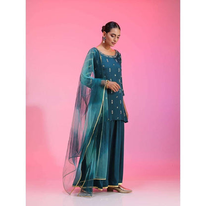 Kudi Pataka Designs Dhaaree-te Teal Kurti With Sharara & Dupatta (Set of 3)