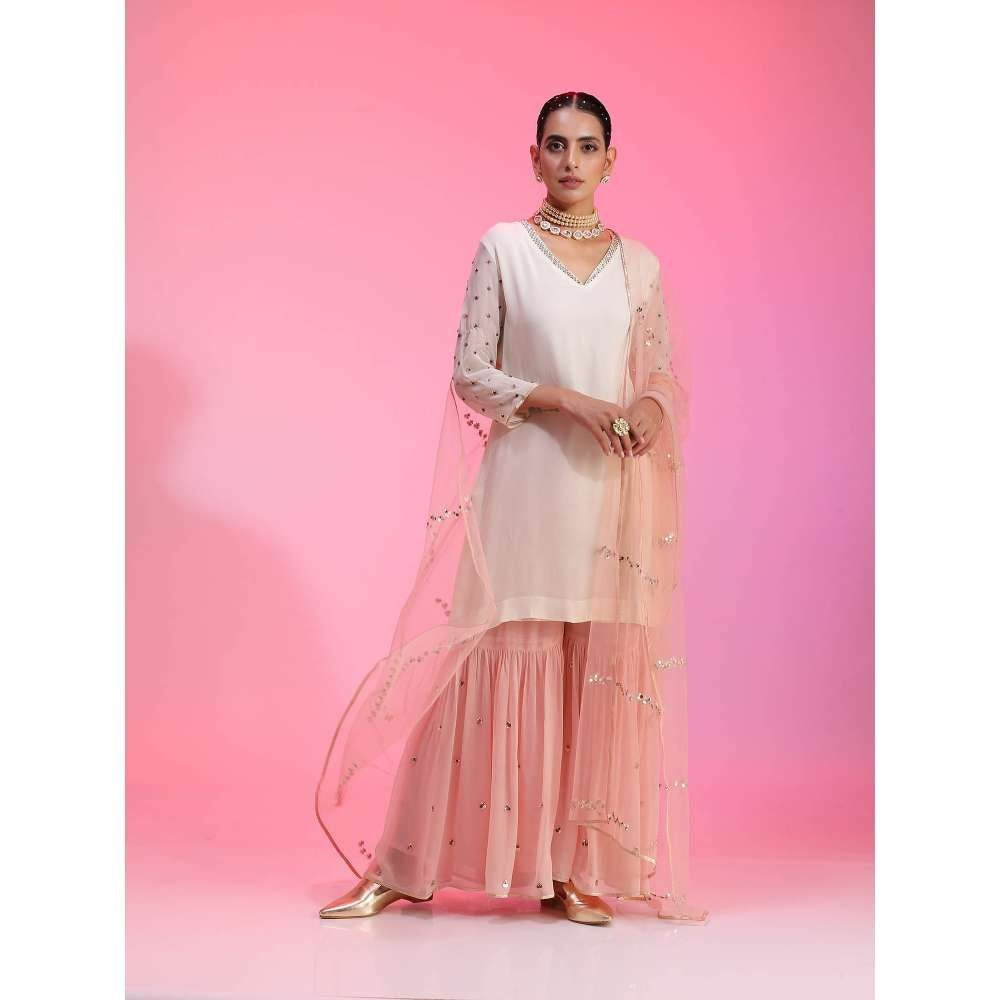Kudi Pataka Designs Ayesha-ip Pink Kurti With Sharara & Dupatta (Set of 3)