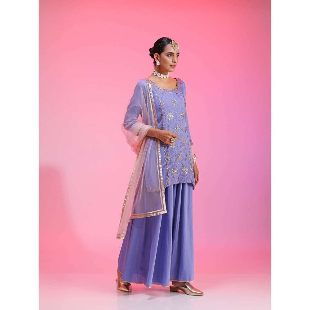 Kudi Pataka Designs Gulabo-la Blue Kurti With Sharara & Dupatta (Set of 3)