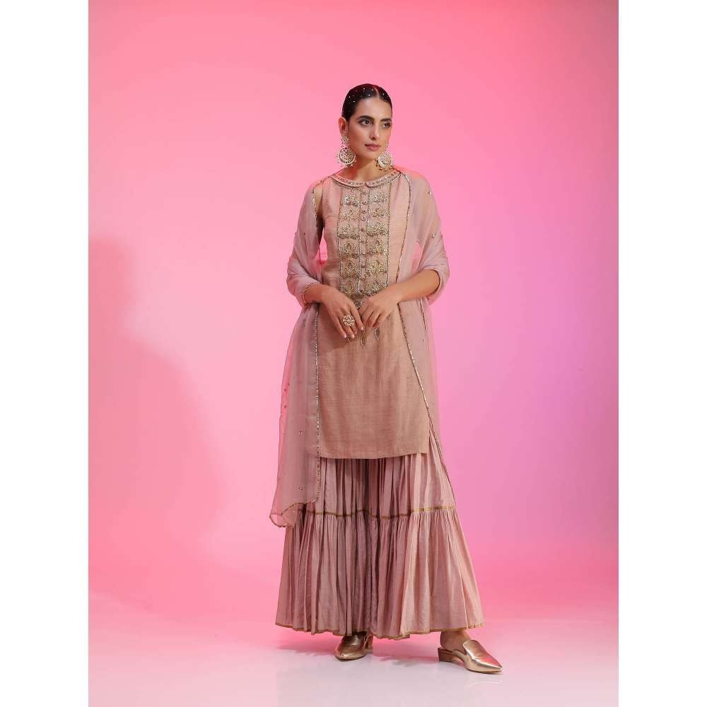 Kudi Pataka Designs Nadira-pi Pink Kurti With Sharara & Dupatta (Set of 3)
