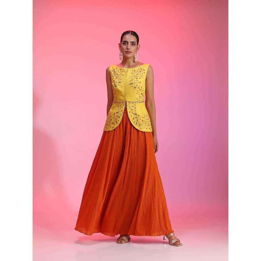Kudi Pataka Designs Lily-yo Yellow Jacket With Palazzo (Set of 2)