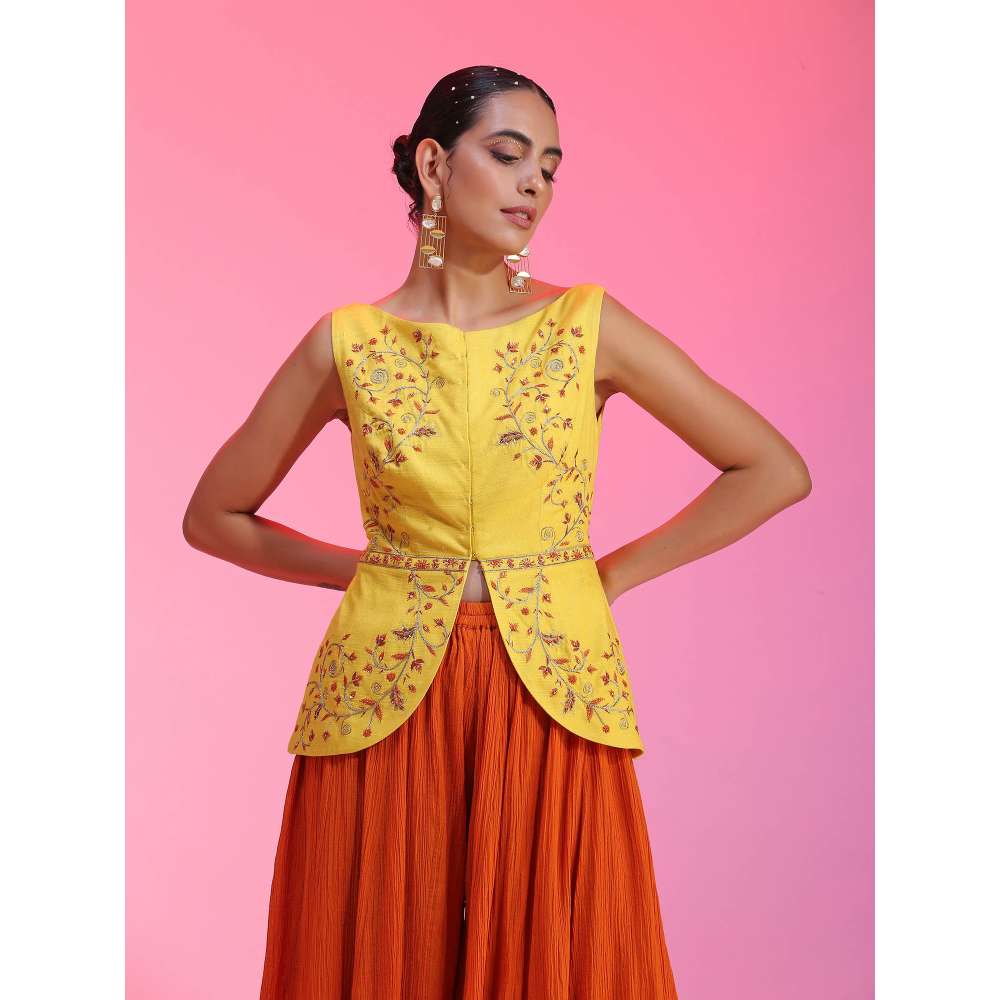 Kudi Pataka Designs Lily-yo Yellow Jacket With Palazzo (Set of 2)