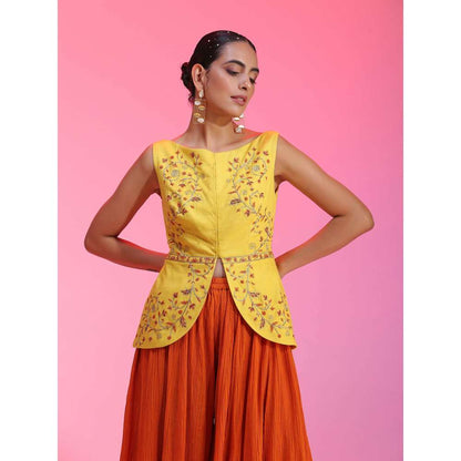 Kudi Pataka Designs Lily-yo Yellow Jacket With Palazzo (Set of 2)
