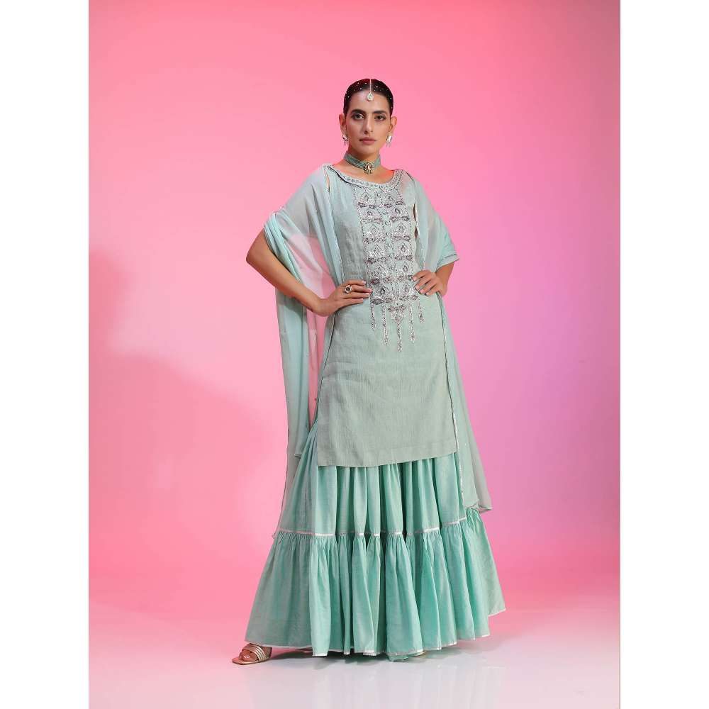 Kudi Pataka Designs Nadira-aq Blue Kurti With Sharara & Dupatta (Set of 3)