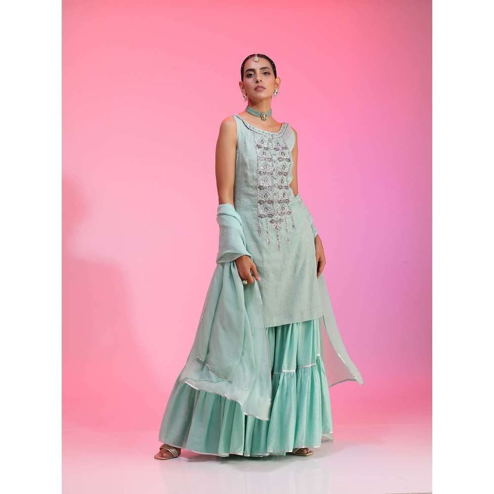 Kudi Pataka Designs Nadira-aq Blue Kurti With Sharara & Dupatta (Set of 3)