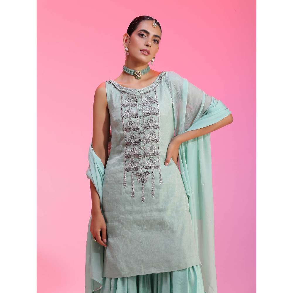 Kudi Pataka Designs Nadira-aq Blue Kurti With Sharara & Dupatta (Set of 3)