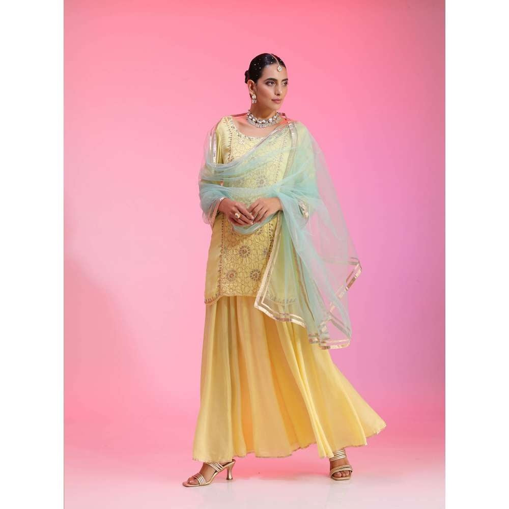 Kudi Pataka Designs Gulabo-ya Yellow Kurta With Sharara & Dupatta (Set of 3)