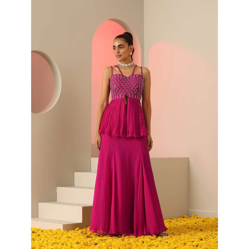 Kudi Pataka Designs Sasha Pink Embellished Sequined Top With Skirt (Set of 2)