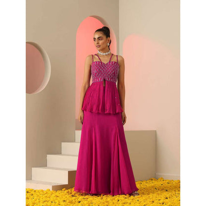 Kudi Pataka Designs Sasha Pink Embellished Sequined Top With Skirt (Set of 2)