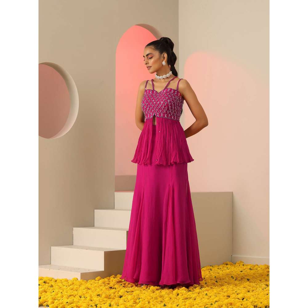 Kudi Pataka Designs Sasha Pink Embellished Sequined Top With Skirt (Set of 2)