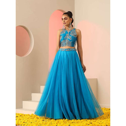 Kudi Pataka Designs Akashi Blue Embroidered Top & Skirt With Belt (Set of 3)
