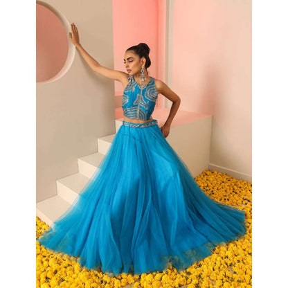 Kudi Pataka Designs Akashi Blue Embroidered Top & Skirt With Belt (Set of 3)
