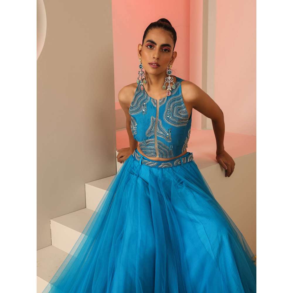 Kudi Pataka Designs Akashi Blue Embroidered Top & Skirt With Belt (Set of 3)