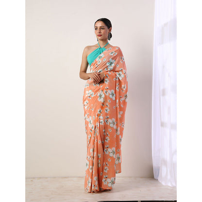 Label Nitika Coral Crepe Saree with Unstitched Blouse