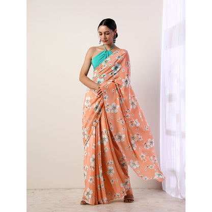 Label Nitika Coral Crepe Saree with Unstitched Blouse