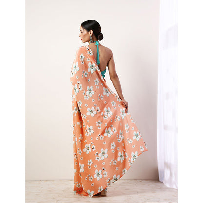 Label Nitika Coral Crepe Saree with Unstitched Blouse