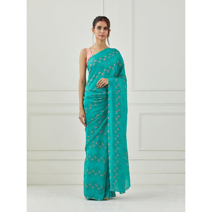 Label Nitika Teal Crepe Saree with Unstitched Blouse