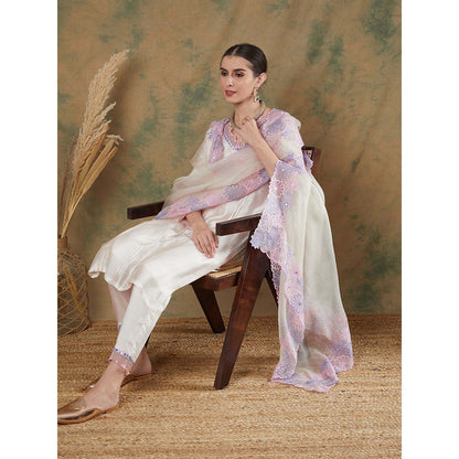 Label Nitika Ivory Embroidered Kurta Pant & Dupatta (Set of 2)