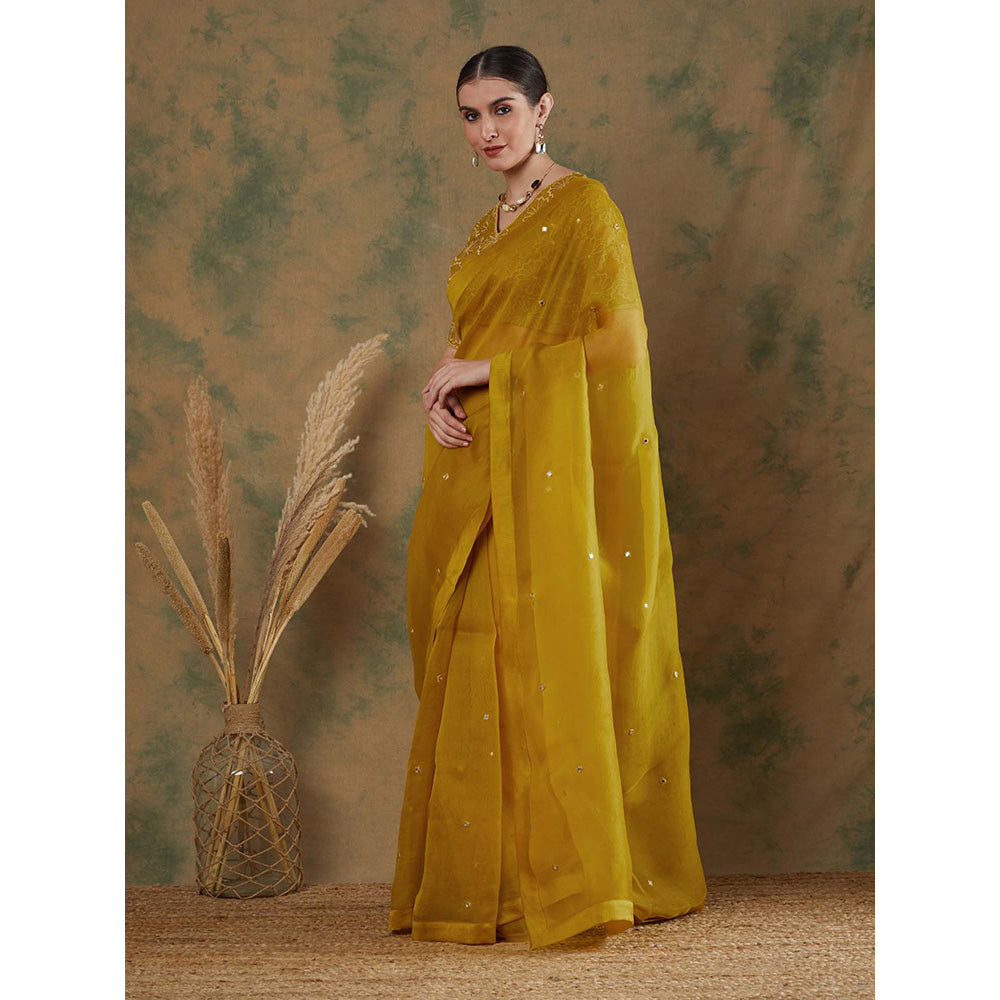 Label Nitika Golden Yellow Embroidered Saree with Stitched Blouse