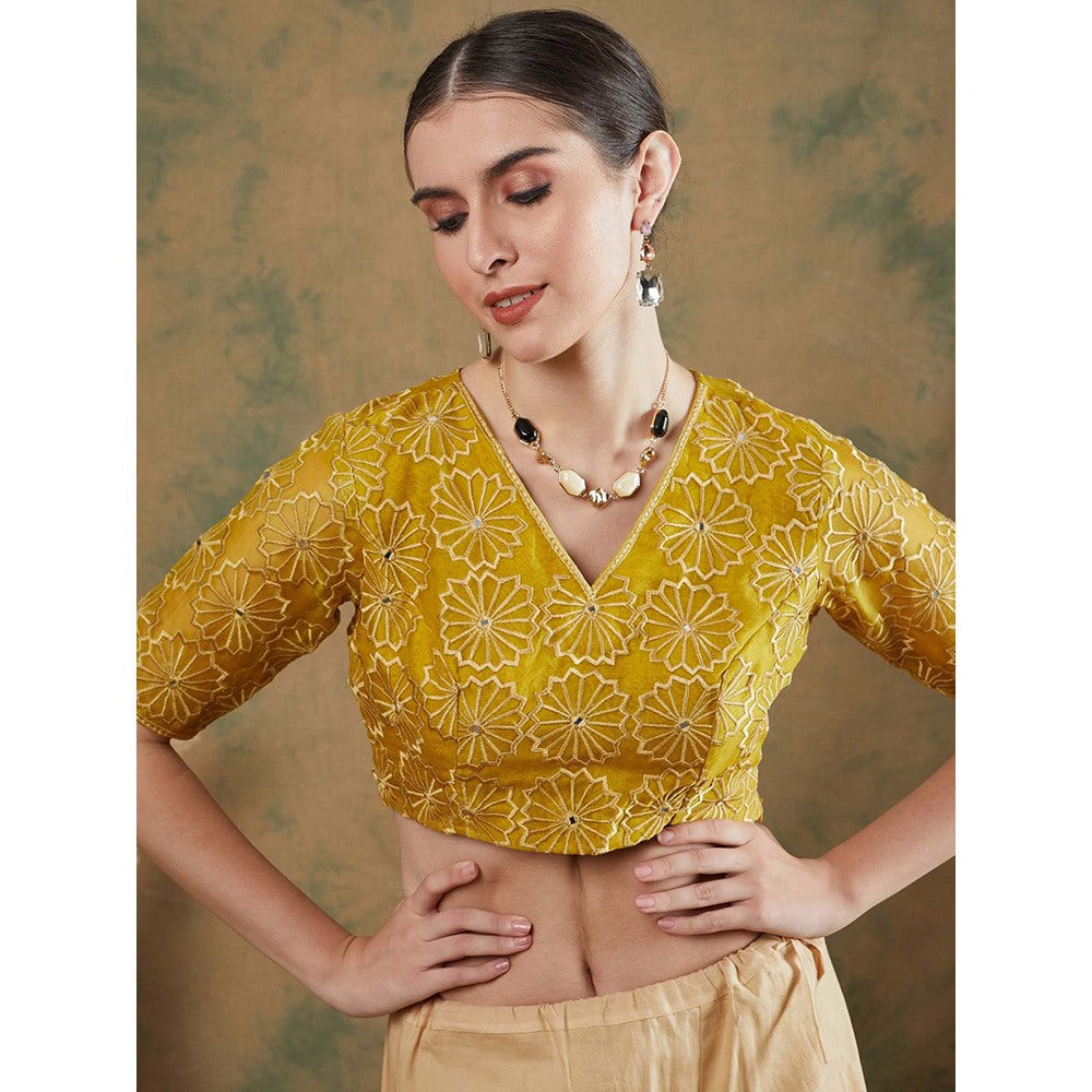 Label Nitika Golden Yellow Embroidered Saree with Stitched Blouse
