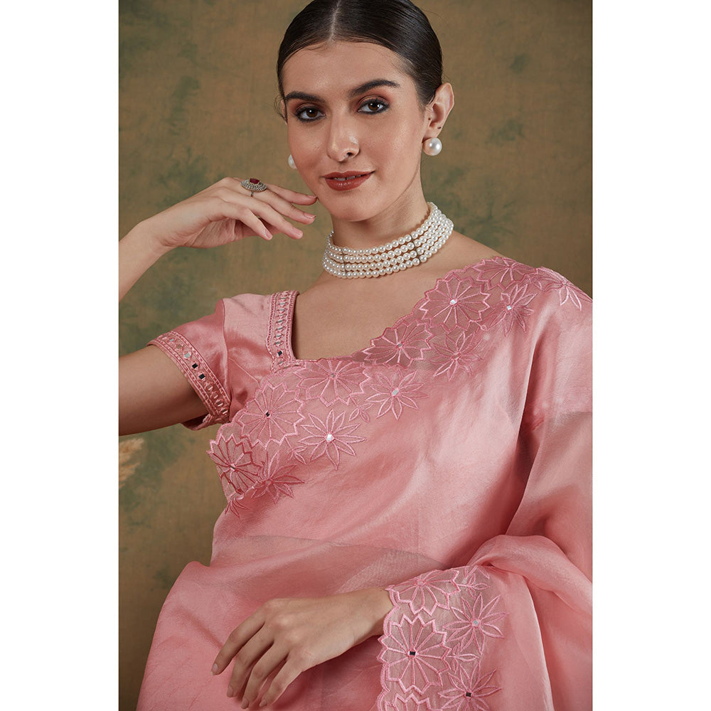 Label Nitika Onion Pink Embroidered Saree with Stitched Blouse