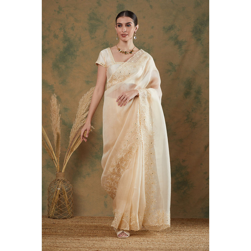 Label Nitika Ivory Embroidered Saree with Stitched Blouse