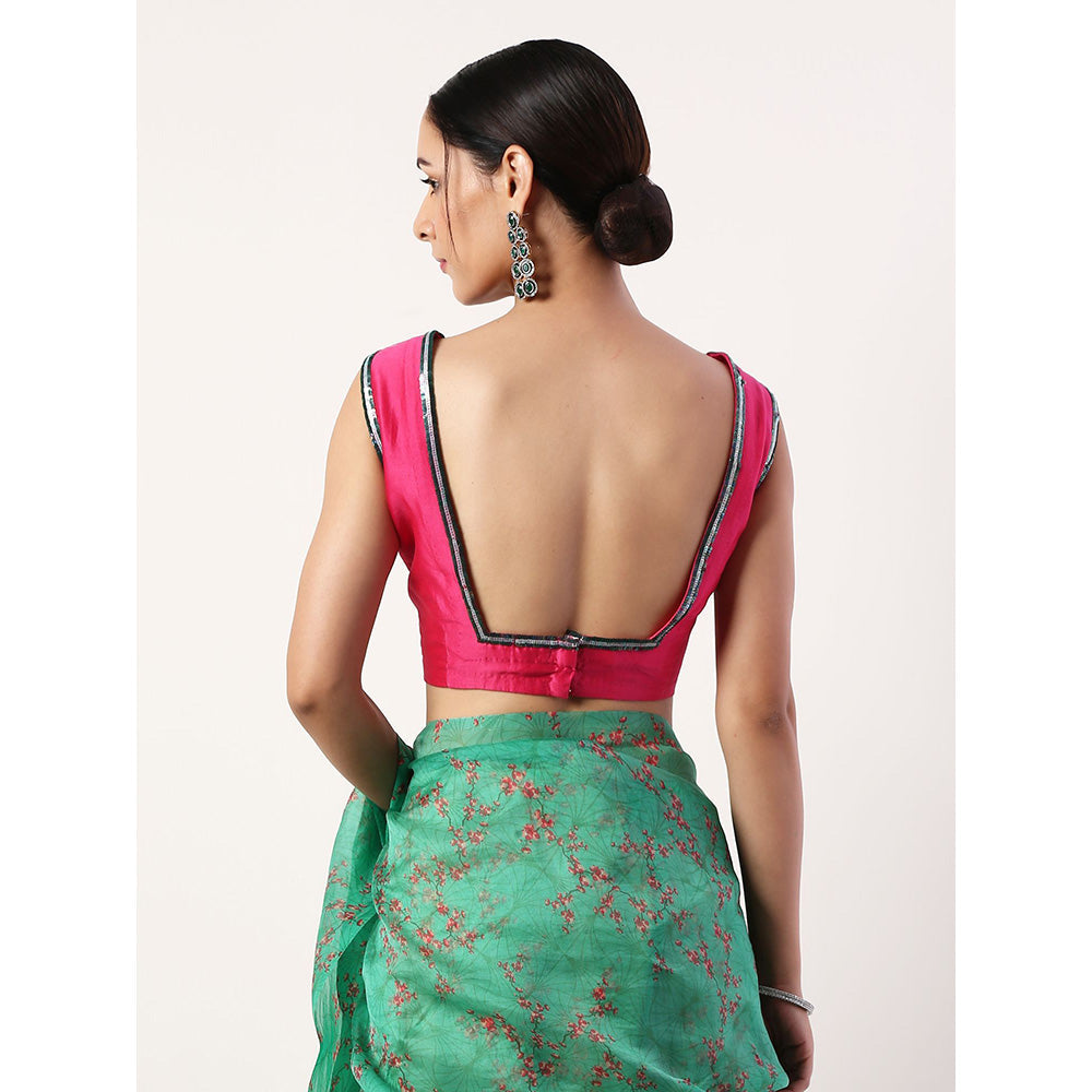 Label Nitika Green Floral Printed Organza Saree with Stitched Blouse