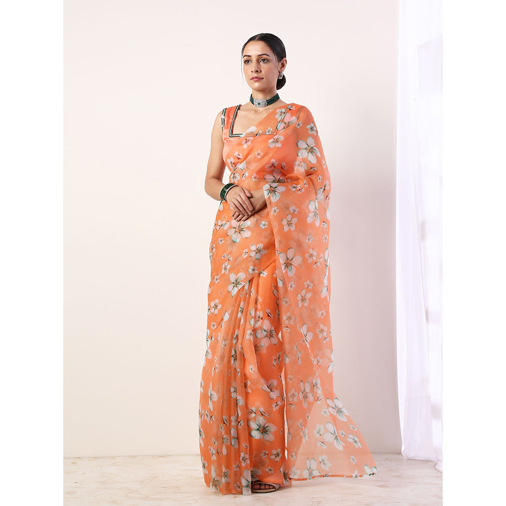Label Nitika Coral Printed Organza Coral Saree with Stitched Blouse