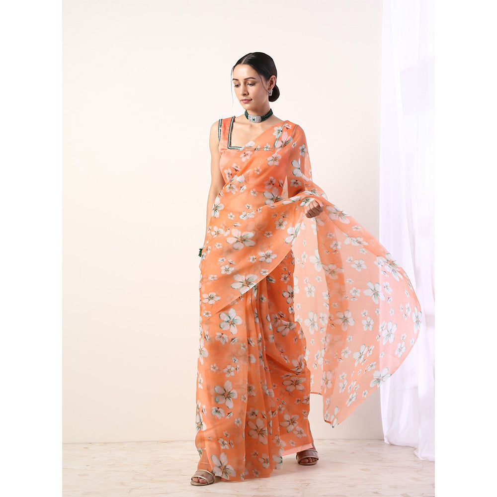 Label Nitika Coral Printed Organza Coral Saree with Stitched Blouse
