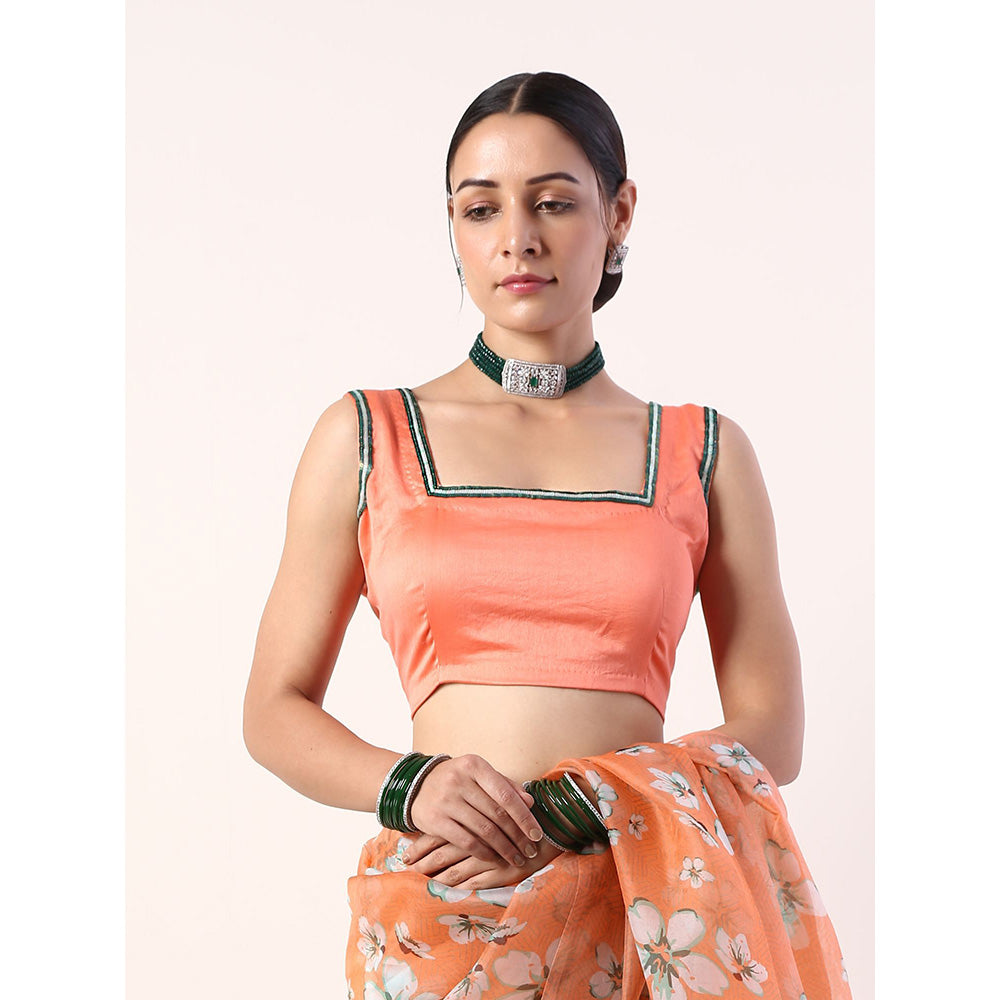 Label Nitika Coral Printed Organza Coral Saree with Stitched Blouse