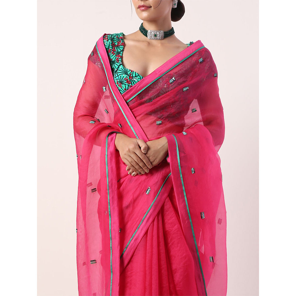 Label Nitika Pink Embroidered Organza Saree with Stitched Blouse