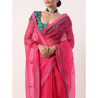 Label Nitika Pink Embroidered Organza Saree with Stitched Blouse