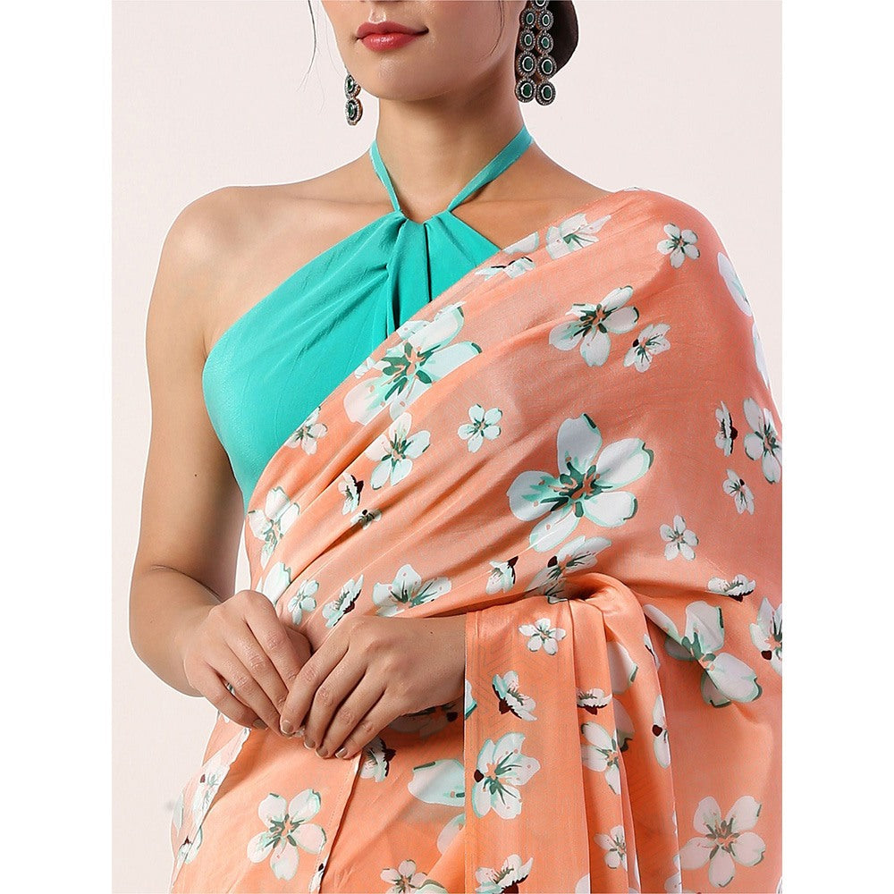 Label Nitika Coral Crepe Saree with Stitched Blouse